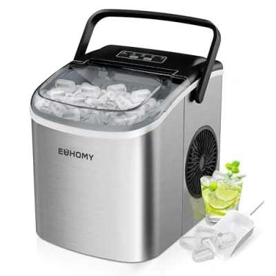 Afbeelding van EUHOMY IJsblokjesmachine, klein, 9 ijsblokjes in 6 minuten, 12 kg/24 uur, roestvrij staal, met draagbare handgreep, zelfreinigende compacte ijsblokjesmachine voor thuis, keuken, kantoor, bar