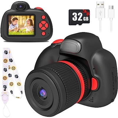 Afbeelding van BaFuland camera voor kinderen, digitale kinderen van 3 tot 10 jaar, IPS display 2,4 inch, met flits, 32G kaart inbegrepen, speelgoed, verjaardagscadeau zwart
