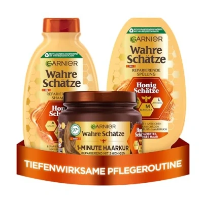 Afbeelding van Garnier Wahre Schätze Haarverzorgingsset met acaciahoning, manuka en lavendel, honingschatten shampoo (250 ml), conditioner (200 1 minuut haarkuur (340 3 delig