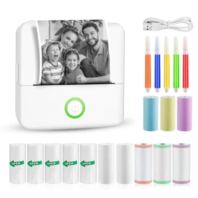 Afbeelding van GuKKK Mini printer, mobiele fotoprinter, draagbaar, draadloze thermische met 13 rollen printerpapier en 5 kleurpotloden, smartphone bluetooth, voor lijst, dagboek