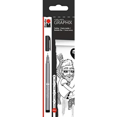 Afbeelding van Marabu 014600000101 Fineliner Graphix, 4 stiften in zwart met lijndikte 0,2 mm, 0,4 0,8 mm en brush, briljante kleur, pigmentinkt op waterbasis, metalen kunststof punt