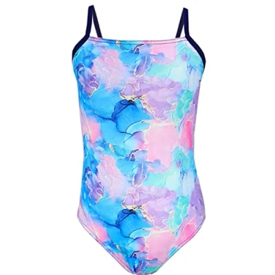 Afbeelding van Aquarti Meisjes Badpak met Spaghettibandjes en Strepen, Tie Dye/Donkerblauw/Blauw/Purper/Roze, 146