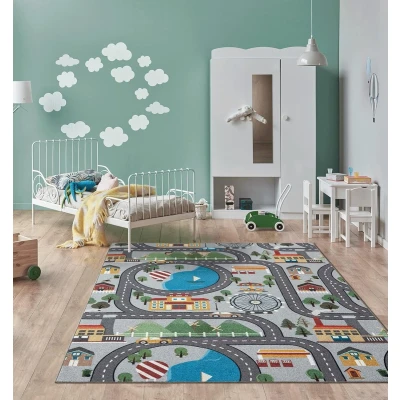 Afbeelding van Vloerkleed kinderkamer Grijs 200x290 cm Afwasbaar Antislip Tapijt voor jongens en meisjes met een straat stad Happy Life by the carpet