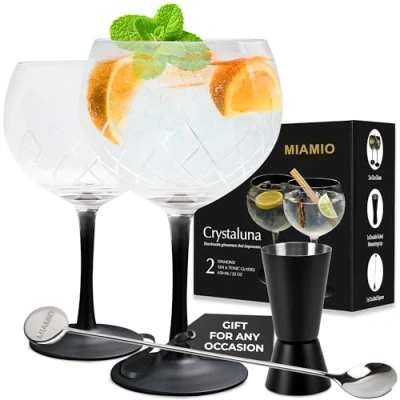 Afbeelding van MIAMIO 2 x 650 ml gin glas/set van glazen Hoge kwaliteit en tonic ideaal voor cocktails Geschenkset inclusief maatbeker glas roerlepel.
