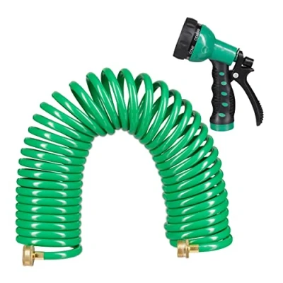 Afbeelding van Relaxdays tuinslang spiraal 10 meter uittrekbare waterslang tuin spuitpistool groen