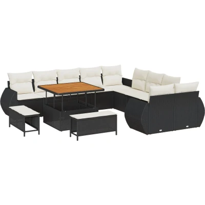 Afbeelding van vidaXL 13 delige tuinset met kussens, zwart poly rattan, acacia