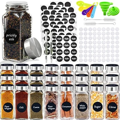 Afbeelding van JOTOL Kruidenpotjes Set,24pcs Vierkante Kruidenpotjes,Kruidenpotten,Glazen Kruidenstrooier met Schroefdop,Kruidenpotjes,Bewaren Strooiinzetstuk,Etiketten,Borstel,Trechter