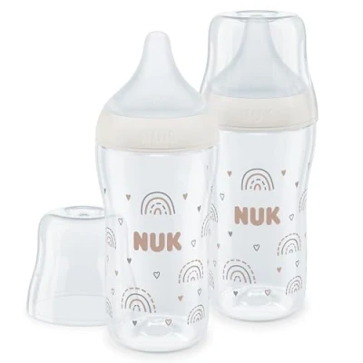 Afbeelding van NUK Perfect Match babyflesset, 3 maanden, geschikt voor het gehemelte van de baby, temperatuurregeling, anti koliek ventilatieopening, 260 ml, BPA vrij, fopspeen M siliconen, regenboog, 2 stuks