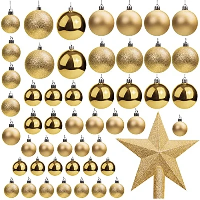 Afbeelding van Belle Vous 50 stuks gouden kerstballen met ster glanzende dennenbal in verschillende maten 1 kerstboomdecoratie voor kerstfeest, decoratie binnen en buiten