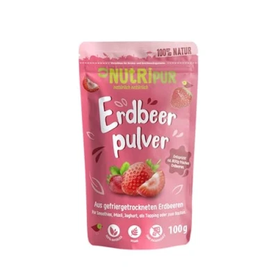 Afbeelding van NutriPur aardbeienpoeder: 100 g aardbeien gevriesdroogd en fijn gemalen gedroogde vruchten zonder suiker toevoeging aardbeipoeder, vriesdroogde vruchten, diepvriesdroogde bessen