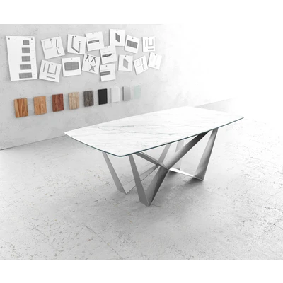 Afbeelding van Eettafel Edge bootsvorm 200x100cm Laminam® keramiek wit middenvoet vlak staal zilver