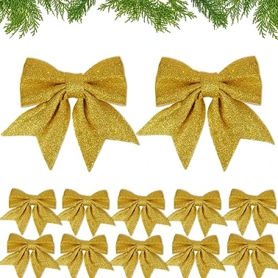 Afbeelding van kerststrikken, zilver, 12 stuks, x 15 cm, glitter, kerstboomversiering, decoratie voor kerstboom, kerstkrans, dennenboom, kerstboomstrikken (goud)