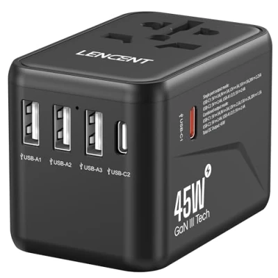 Afbeelding van LENCENT 45W Reisadapter Wereldwijd, GaN3 Snellader Universele Reisstekker met 2 PD USB C &amp; 3 A, Alles in één Internationale Stekker voor Telefoon Laptop, 200+ Landen, EU UK DE VS Type A/C/G/I