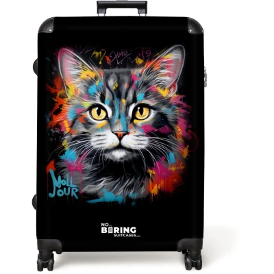 Afbeelding van NoBoringSuitcases.com® Koffer groot Reiskoffer lichtgewicht Kat met kleurrijke penseelstreken Rolkoffer 4 wielen Grote trolley XL 98 liter bagage