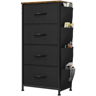Afbeelding van YITAHOME Ladecommode, dressoir met zijzakken en haken, stof 4 laden handgrepen, metalen frame, houten blad, voor slaapkamer, woonkamer, kinderkamer, hal, zwart