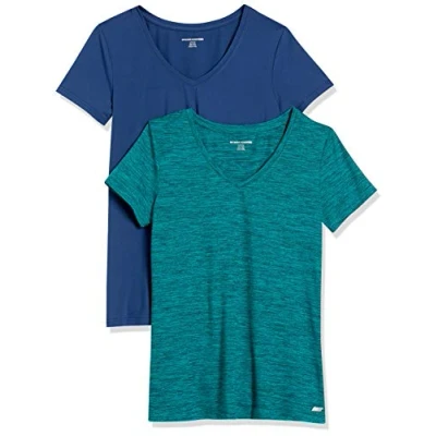 Afbeelding van Amazon Essentials Dames Tech Stretch T shirt met korte mouwen en V hals (verkrijgbaar in grote maten), 2 Pack, Blauw/Blauwgroen Ruimteverf, XS