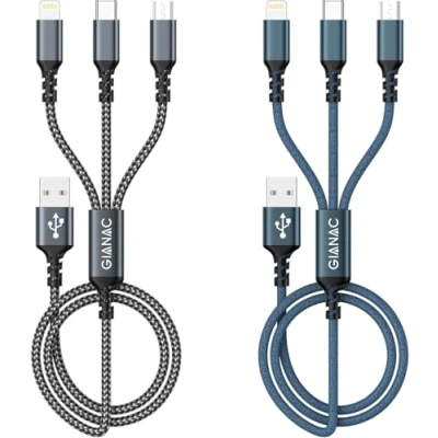 Afbeelding van Multi USB Kabel,GIANAC Universal Ladekabel [1.2M 2Pack] Schnell 3 in 1 Mehrfach Ladekabe Micro +USB C+ Lightning für iPhone15,14, Android Galaxy, Huawei, Oneplus, Sony, LG, Honor View
