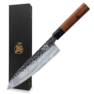 Afbeelding van MITSUMOTO SAKARI 22 cm Gyuto Japans Mes, Handgesmeed Keukenmes Professioneel Vleesmes, Hoog Koolstofstaal Kookmes Mes (Rozenhout Handvat &amp; Geschenkdoos)