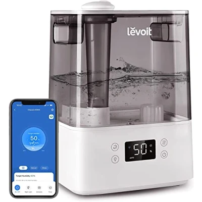 Afbeelding van LEVOIT luchtbevochtiger, 6 liter, Top Fill wifi, 28 dB met app en Alexa bediening, auto slaapmodus, ultra stil, 60 uur, ultrasone luchtbevochtiger kinderkamer, slaapkamer tot 47 m²
