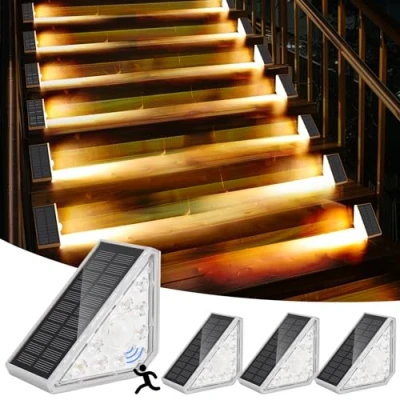 Afbeelding van GuKKK Trappenlicht voor buiten, 4 stuks, warmwit, 3000 K, solarlampen met sensor, IP67, waterdicht, solarverlichting led licht, trap terras, trappen