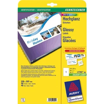 Afbeelding van AVERY Zweckform L7767 40 Hoogglans etiketten (40 glossy stickers, 210x297mm op A4, zelfklevend, bedrukbaar, hoogglanzend papier voor productetikettering, laserprinters) vellen, wit