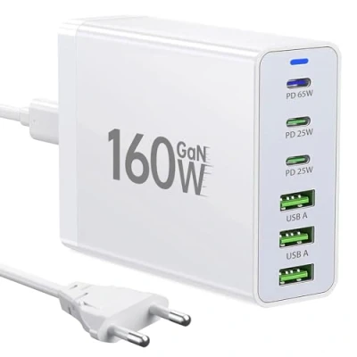 Afbeelding van USB C Oplader, 160W GaN 6 poorts Multi Port PD Snellader Desktop Compatibel met iphone 12/13/14/15 Series, MacBook Pro/Air Samsung Galaxy S21/S22/S23/S24
