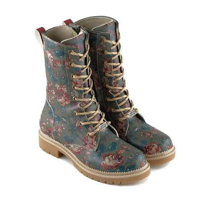 Afbeelding van Goby Vintage Floral Dames Veterboots Handgemaakt Vegan Leer Maat 41