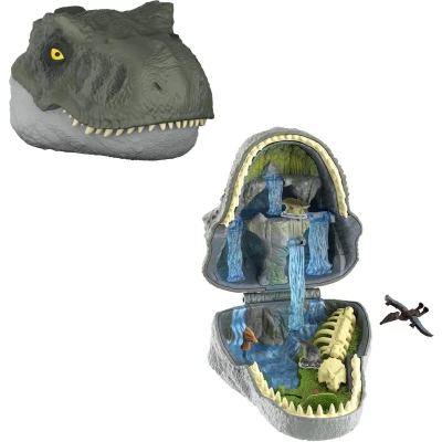 Afbeelding van ​Mattel Jurassic World Rebirth Avonturen in Microland, Tyrannosaurus Rex kop met 4 interactieve functies, 3 microfiguren, T dinosaurusspeelgoed, JGB97