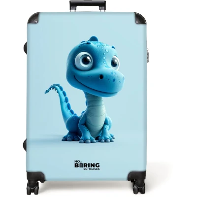 Afbeelding van NoBoringSuitcases.com® Koffer groot Reiskoffer lichtgewicht blauwe dinosaurus met opvallende ogen Rolkoffer 4 wielen Grote trolley XL 98 liter bagage