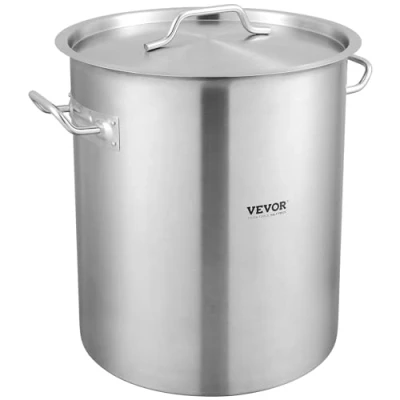 Afbeelding van VEVOR roestvrijstalen voorraadpot, 42 kwart grote kookpot, kookgerei sauspot met zeef, deksel en handvat, heavy duty voorraadpot van commerciële kwaliteit, schuurbehandeling, voor groepen evenementen zilver