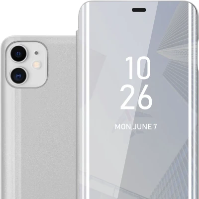 Afbeelding van Cadorabo Hoesje geschikt voor Apple iPhone 11 in AGAAT ZILVER Clear View Spiegel Beschermende Case met Tribunefunctie 360 Graden Bescherming Book Cover Etui