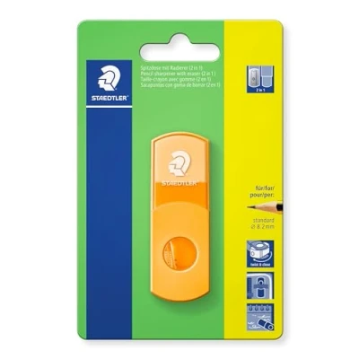 Afbeelding van STAEDTLER 511SE F4BK puntenslijper met gum, neon oranje, ftalaat en latexvrij, voor pennen in standaardformaat, hersluitbaar, 2 1 op blisterkaart