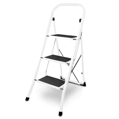 Afbeelding van siwitec Vouwtrap van staal met 3 treden, wit, kleine ladder antislipmatten, 150 kg draagvermogen, TÜV/GS gecertificeerd, klapladder, opstapkruk