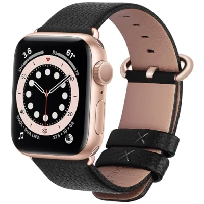 Afbeelding van Fullmosa Compatibel met Apple Watch Band 41mm Series 8 7, SE 6/5/4 40mm, 3/2/1 38mm, lederen vervangende armband, 38/40/41mm Zwart + rose goud gesp