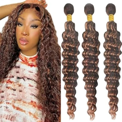 Afbeelding van Tuheers Human Hair Extensions Brown Bundles P430 Highlight 3 Deep Wave for Woman 22 Inches Brazilian Virgin Bundle Total 300g