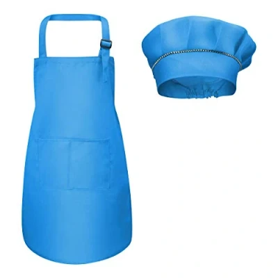 Afbeelding van Fodlon Kinderschort + kokshoed, verstelbaar keukenschort voor kinderen met zakken om te bakken, verf 4 12 jaar (blauw, L)