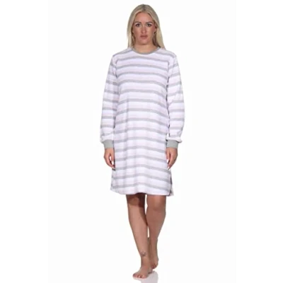 Afbeelding van Normann Badstof nachthemd voor dames, lange mouwen, met manchetten, blokstrepenlook, ook in grote maten, lichtblauw, 40 42