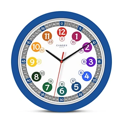 Afbeelding van Cander Berlin MNU 1030 J Kinderwandklok, geruisloos, 30,5 cm, leerklok, leren wijzerplaat, kinderkamer, kleurrijk, blauw, analoog, jongens, meisjes, zonder tikkende geluiden,