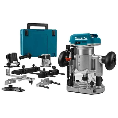 Afbeelding van Makita DRT50ZJX9 18 V Boven en kantenfrees met diverse voeten, in mbox geleiderail adapter
