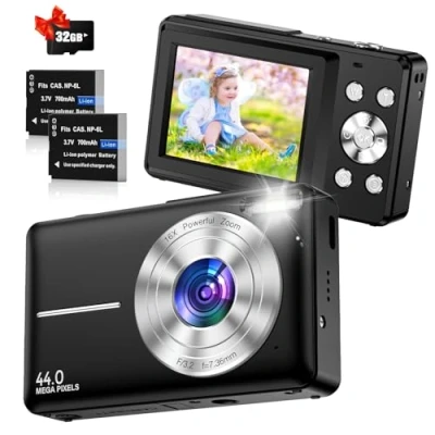 Afbeelding van digitale camera, 1080p 44 MP, compacte camera met 16 voudige zoom, kaart 32 GB, 2 batterijen, voor beginners, jongens en kinderen, zwart