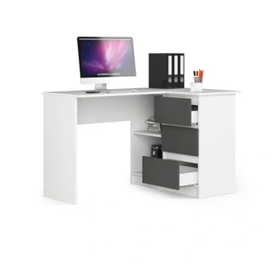 Afbeelding van Hoekbureau wit/grijs rechts, 3 laden rechts en 2 legplanken, veel ruimte om uit te klappen. Perfect voor jeugdkamers, kantoren studio&#039;s.
