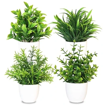 Afbeelding van MEMOFYND 4 stuks kunstplanten, kunststof planten, kleine groene potplanten voor thuis, slaapkamer, keuken, kantoordecoratie