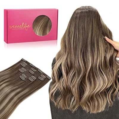 Afbeelding van Wennalife clip in extensies, echt haar, 35 cm, 120 g, 7 stuks, spoeling chocoladebruin tot honingblond, Remy haarverlenging, natuurlijk haar