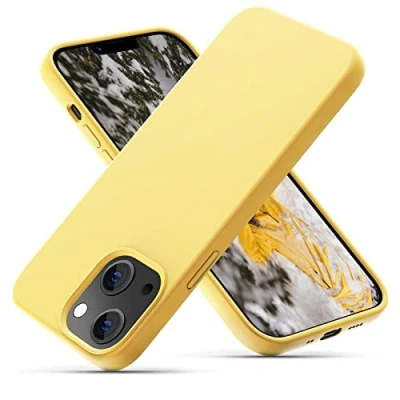 Afbeelding van OIIAEE siliconen hoesje ontworpen voor iPhone 13 Mini, ultradun schokbestendig beschermend vloeibaar telefoonhoesje met zachte anti kras microfiber voering, 5,4 inch, geel