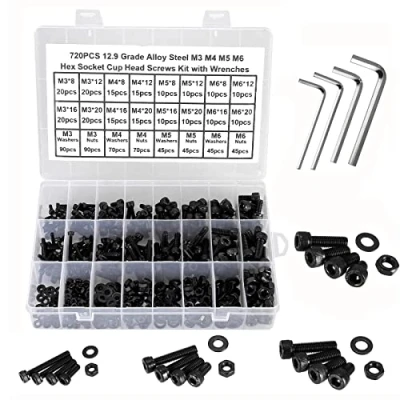 Afbeelding van FandWay 720 stuks 12,9 Grade Legering Staal M3 M4 M5 M6 zeskantdopschroeven, zeskantbouten, moeren en ringen Assortiment Set Kit met 4 zeskantsleutels (zwart)