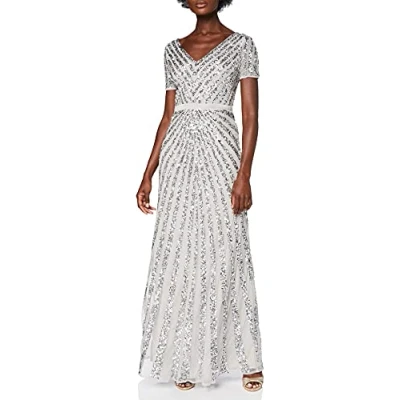 Afbeelding van Maya Deluxe Maxi dames verfraaid pailletten jurk lange korte mouw V hals hoge Empire taille een cut glanzend prom bruiloft bruidsmeisje, Grijs, 34