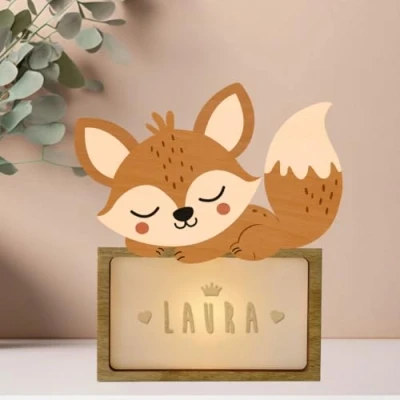 Afbeelding van WONDEE gepersonaliseerde lamp met naam nachtlampje voor kinderen vos, cadeau pasgeborenen jongens en meisjes, doopcadeau ideeën