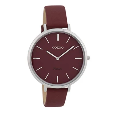 Afbeelding van Zilverkleurige OOZOO horloge met bordeaux rode leren band C9807