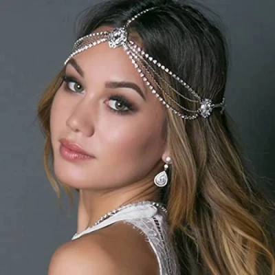 Afbeelding van Prosy Bruids Kristal Hoofd Ketting Zilver Hoofdstuk Bruiloft Strass Hoofdband Haar Stuk Festival Jewerly voor Bruid en Bruidsmeisjes