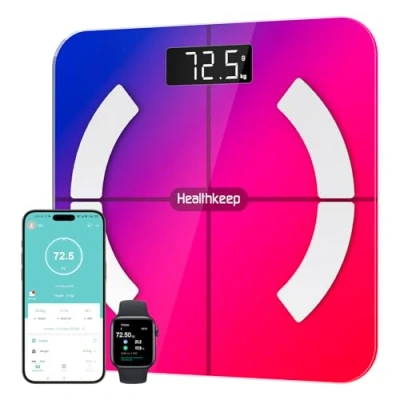 Afbeelding van Healthkeep Personenweegschaal, impedantiemeter, Bluetooth, zeer nauwkeurig, met app 13 indicatoren voor Android en iOS Max, 180 kg/400 lb/28 st, 28 x cm, meerkleurig